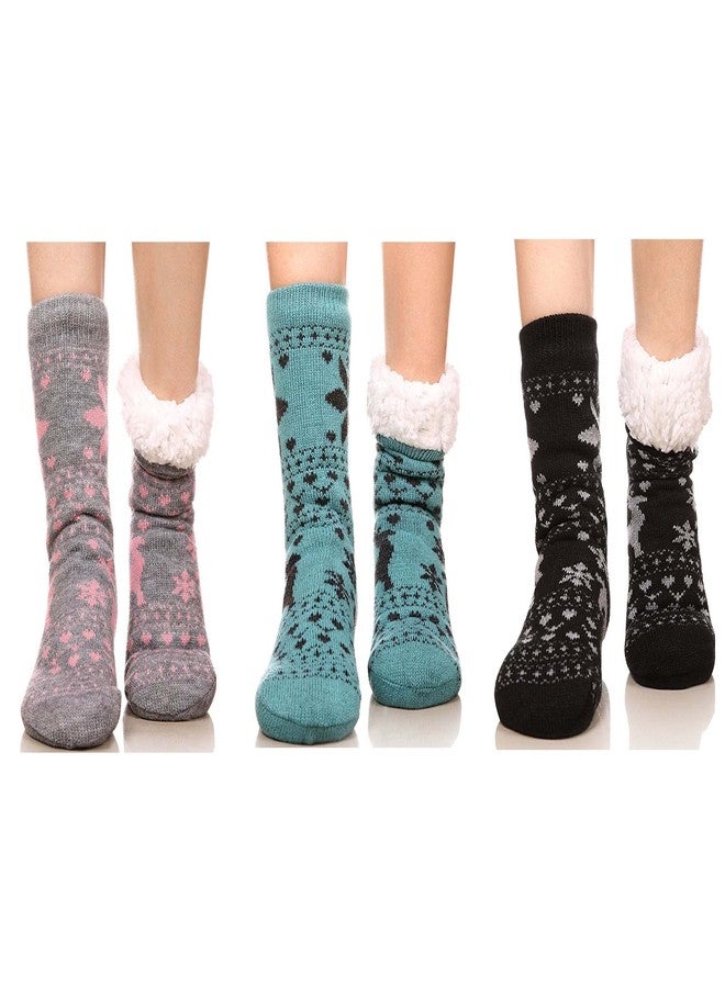 FRALOSHA Women's Slipper Socks Warm Fuzzy Fleece-lined Indoor Anti-Skid Floor Socks 3 Pairs Christmas Sock - Image 1